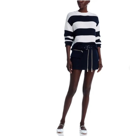 AQUA Drop Shoulder Cotton Striped Sweater – White/Black, Small - Picture 3 of 8